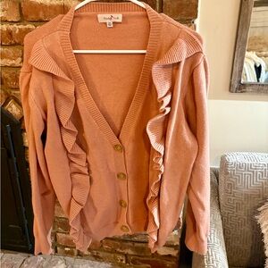 Perfectly Priscilla Ruffled Coral Cardigan Sweater